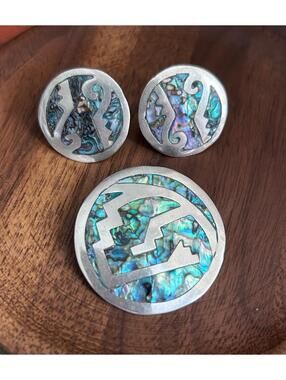 Vintage Taxco Mexico Sterling Abalone Brooch Earring Set 925